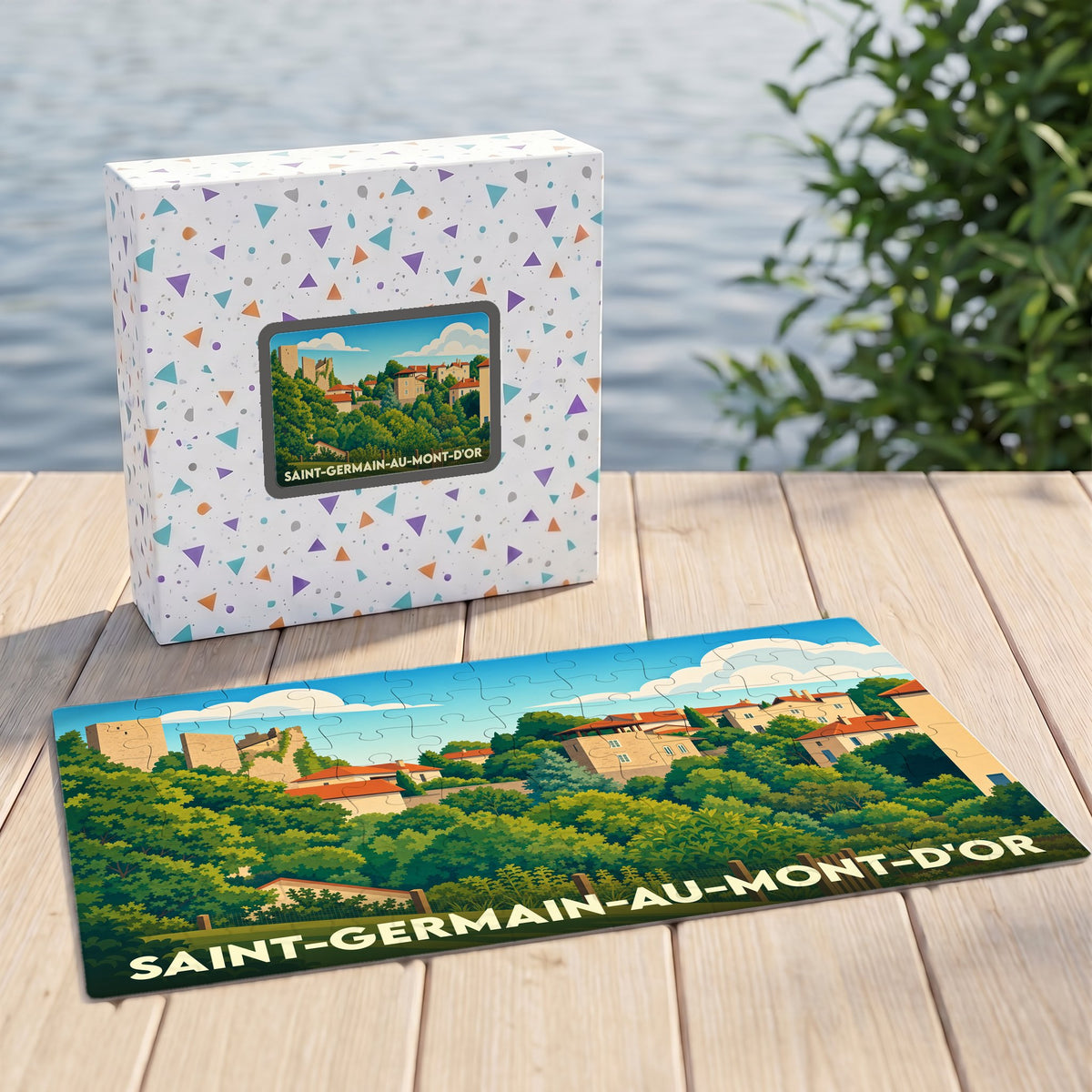 Puzzle souvenir de Saint-Germain-au-Mont-d'Or avec une illustration stylisée du village niché dans la verdure.