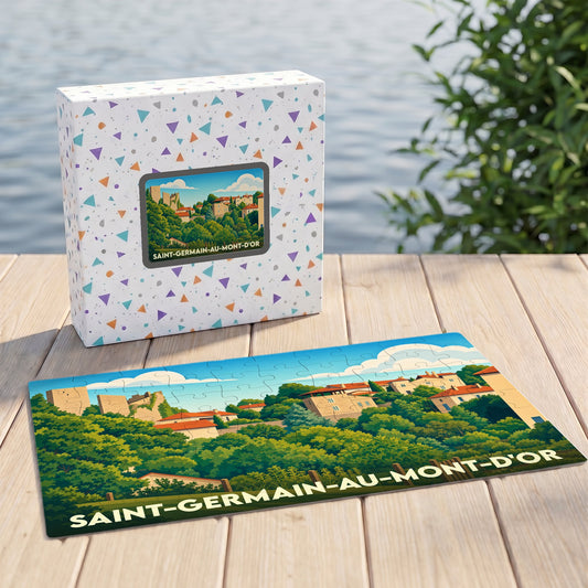 Puzzle souvenir de Saint-Germain-au-Mont-d'Or avec une illustration stylisée du village niché dans la verdure.