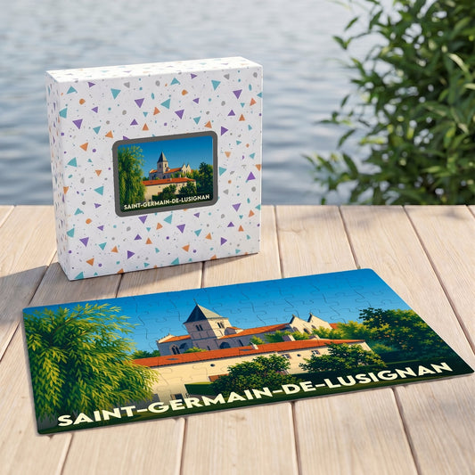 Puzzle souvenir de la ville de Saint-Germain-de-Lusignan avec une illustration stylisée de son église et de ses paysages.