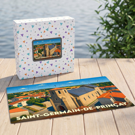 Puzzle souvenir de la ville de Saint-Germain-de-Prinçay avec une illustration stylisée.