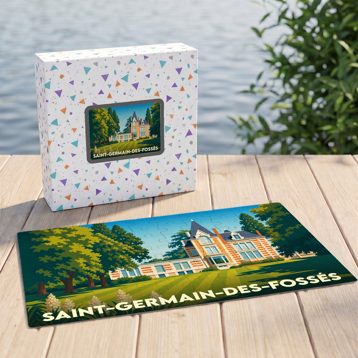 Puzzle souvenir de la ville de Saint-Germain-des-Fossés avec une illustration stylisée d'un manoir.
