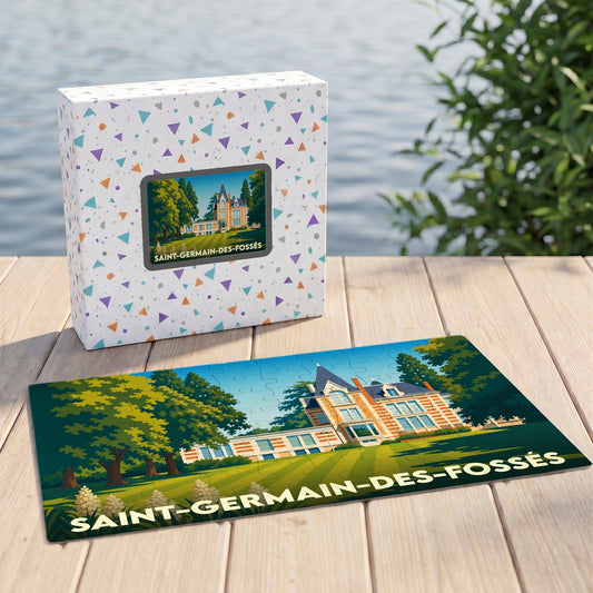 Puzzle souvenir de la ville de Saint-Germain-des-Fossés avec une illustration stylisée d'un manoir.