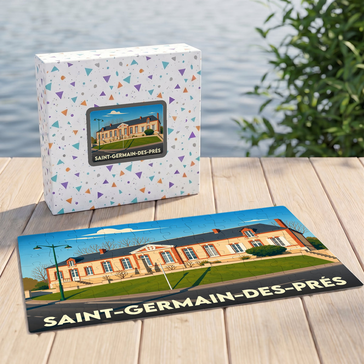 Puzzle souvenir de la ville de Saint-Germain-des-Prés avec son illustration et sa boîte assortie.