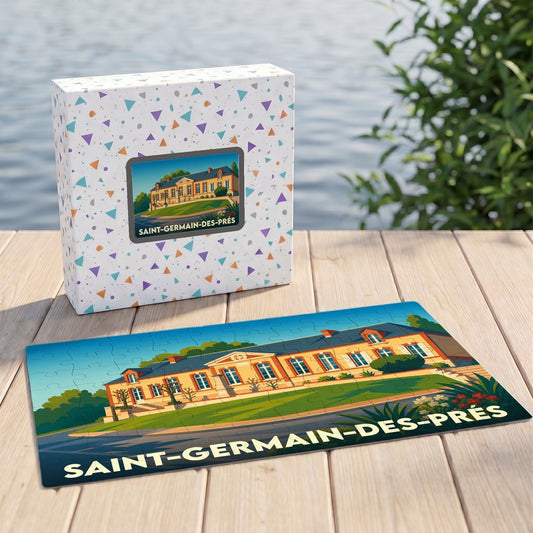 Puzzle souvenir de la ville de Saint-Germain-des-Prés avec une illustration stylisée d'un manoir coloré.