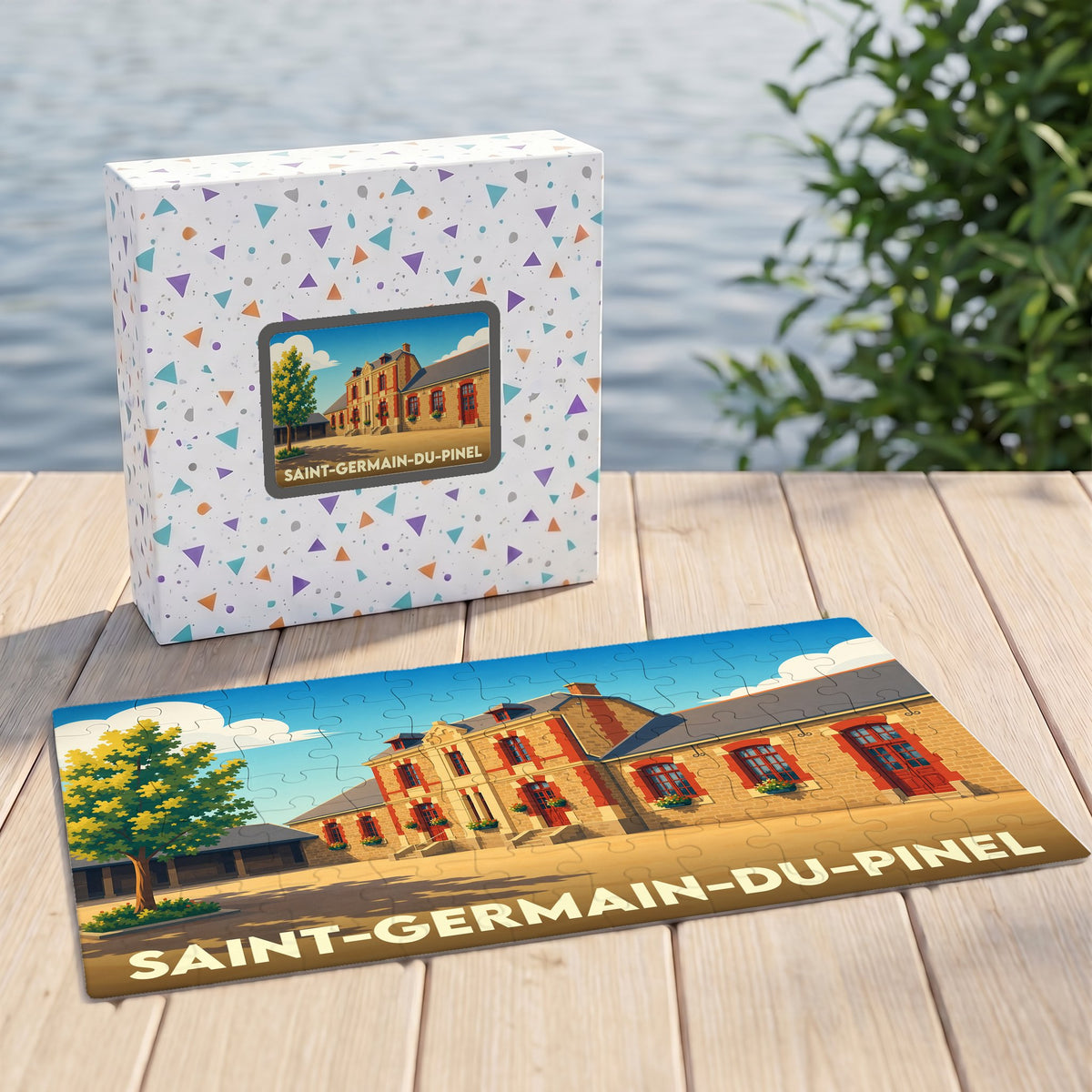 Puzzle souvenir de la ville de Saint-Germain-du-Pinel avec une illustration stylisée d'un bâtiment historique.