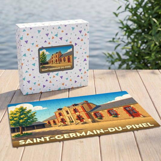 Puzzle souvenir de la ville de Saint-Germain-du-Pinel avec une illustration stylisée d'un bâtiment historique.