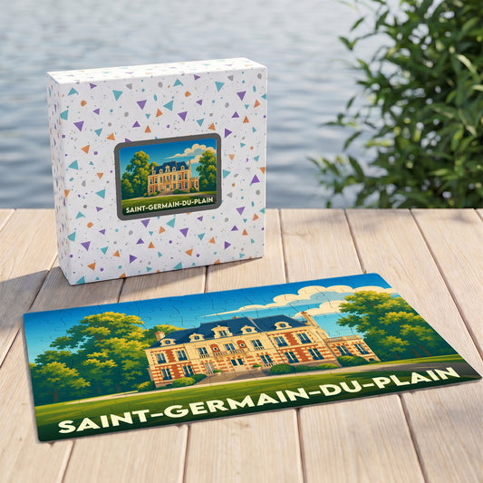 Puzzle souvenir de la ville de Saint-Germain-du-Plain avec une illustration stylisée d'un manoir.