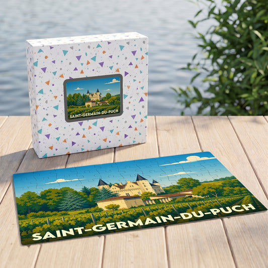 Puzzle souvenir de la ville de Saint-Germain-du-Puch avec une illustration stylisée d'un château et de ses vignobles.