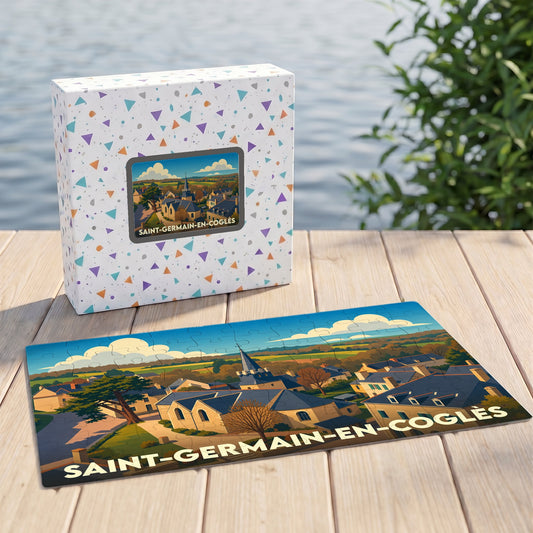 Puzzle souvenir de la ville de Saint-Germain-en-Coglès avec une illustration stylisée d'un paysage urbain.