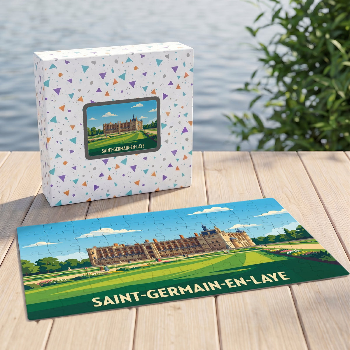Puzzle souvenir de la ville de Saint-Germain-en-Laye avec une illustration stylisée de son château et de ses jardins.