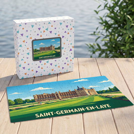 Puzzle souvenir de la ville de Saint-Germain-en-Laye avec une illustration stylisée de son château et de ses jardins.