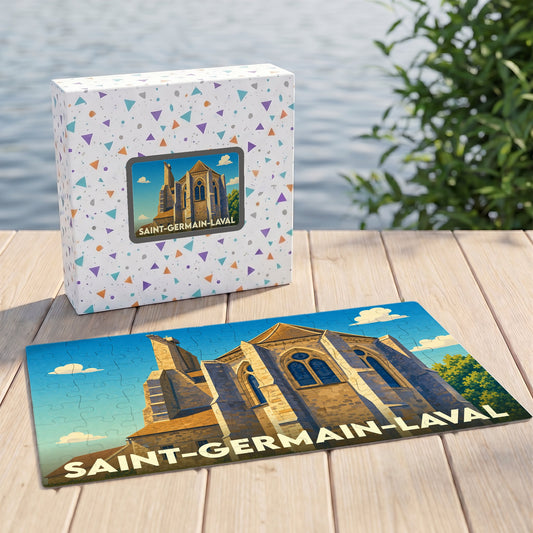 Puzzle souvenir de la ville de Saint-Germain-Laval illustrant son église avec un style graphique épuré.
