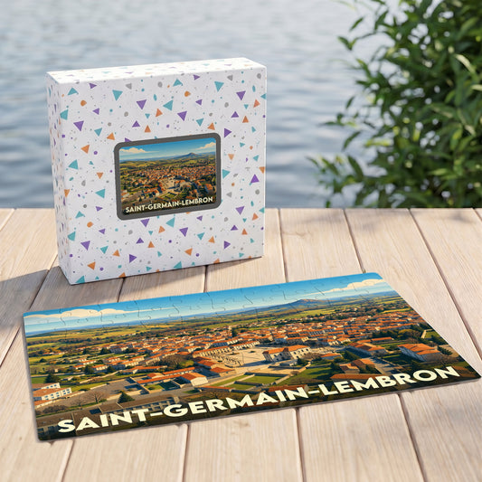 Puzzle souvenir de la ville de Saint-Germain-Lembron avec une vue aérienne illustrée.