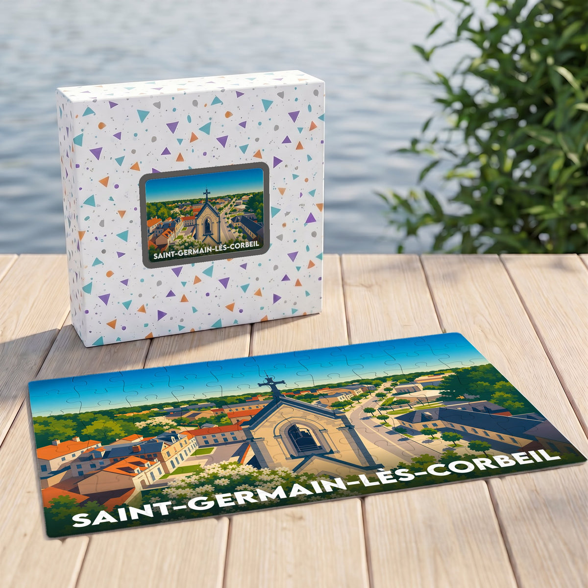 Puzzle souvenir de la ville de Saint-Germain-lès-Corbeil avec une illustration stylisée.
