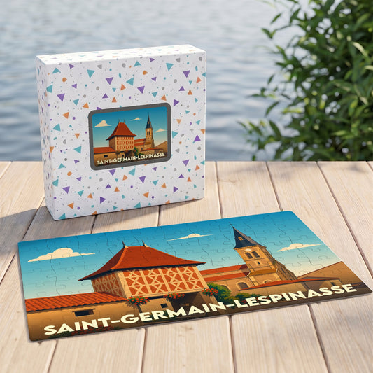 Puzzle souvenir de Saint-Germain-Lespinasse avec une illustration stylisée et sa boîte assortie posés sur un ponton.