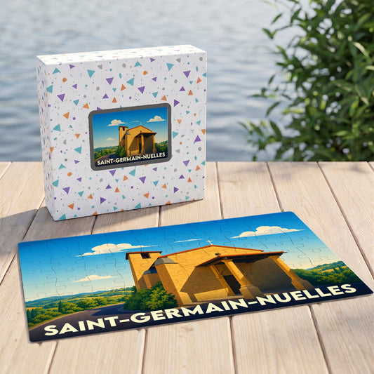 Puzzle souvenir de la ville de Saint-Germain-Nuelles avec une illustration stylisée d'un bâtiment historique sur fond de paysage vallonné.
