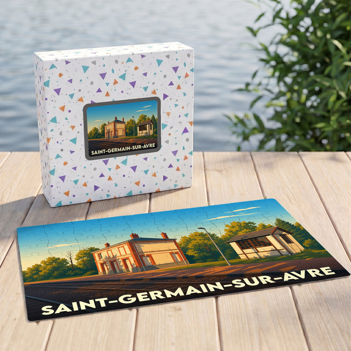 Puzzle souvenir de la ville de Saint-Germain-sur-Avre avec une illustration stylisée d'une gare.