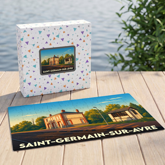 Puzzle souvenir de la ville de Saint-Germain-sur-Avre avec une illustration stylisée d'une gare.