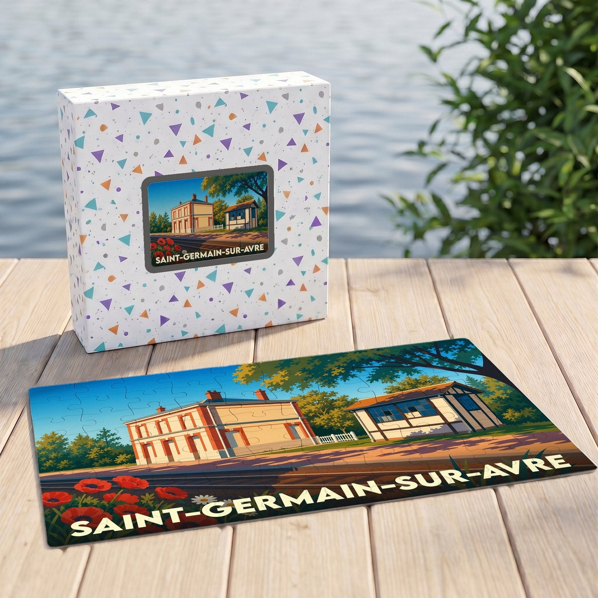 Puzzle souvenir de la ville de Saint-Germain-sur-Avre illustré d'un paysage urbain stylisé avec son coffret assorti.