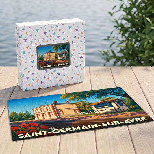 Puzzle souvenir de la ville de Saint-Germain-sur-Avre illustré d'un paysage urbain stylisé avec son coffret assorti.