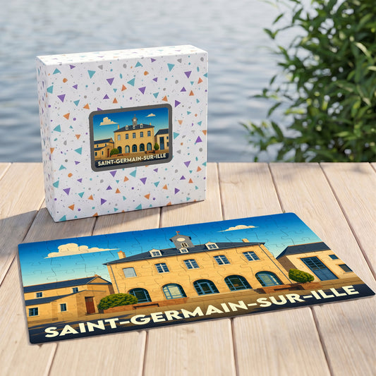 Puzzle souvenir de la ville de Saint-Germain-sur-Ille avec une illustration stylisée du bâtiment de la mairie.