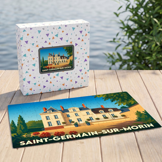 Puzzle souvenir de la ville de Saint-Germain-sur-Morin avec une illustration stylisée d'une demeure bourgeoise.