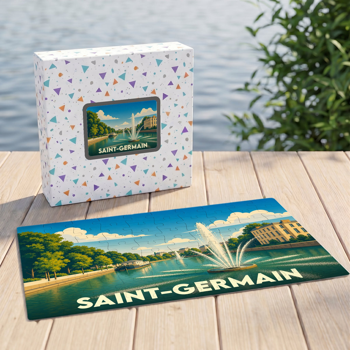 Puzzle souvenir de la ville de Saint-Germain avec une illustration stylisée d'un jet d'eau sur un canal.