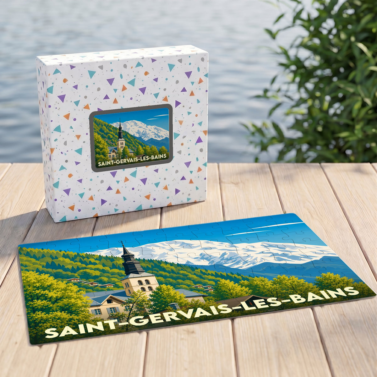 Puzzle souvenir de la ville de Saint-Gervais-les-Bains avec une illustration stylisée de son église face au mont Blanc.