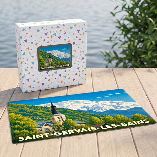 Puzzle souvenir de la ville de Saint-Gervais-les-Bains avec une illustration stylisée de son église face au mont Blanc.