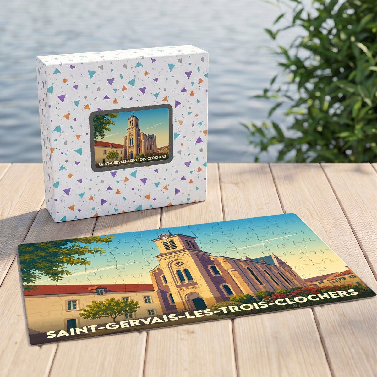 Puzzle souvenir de la ville de Saint-Gervais-les-Trois-Clochers avec une illustration stylisée de son église.