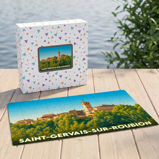 Puzzle souvenir de la ville de Saint-Gervais-sur-Roubion avec une illustration stylisée de son clocher et de sa végétation.