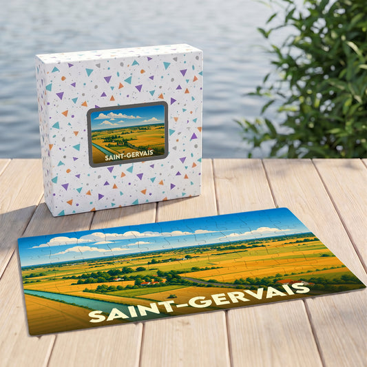 Puzzle souvenir de la ville de Saint-Gervais représentant un paysage de champs illustré.