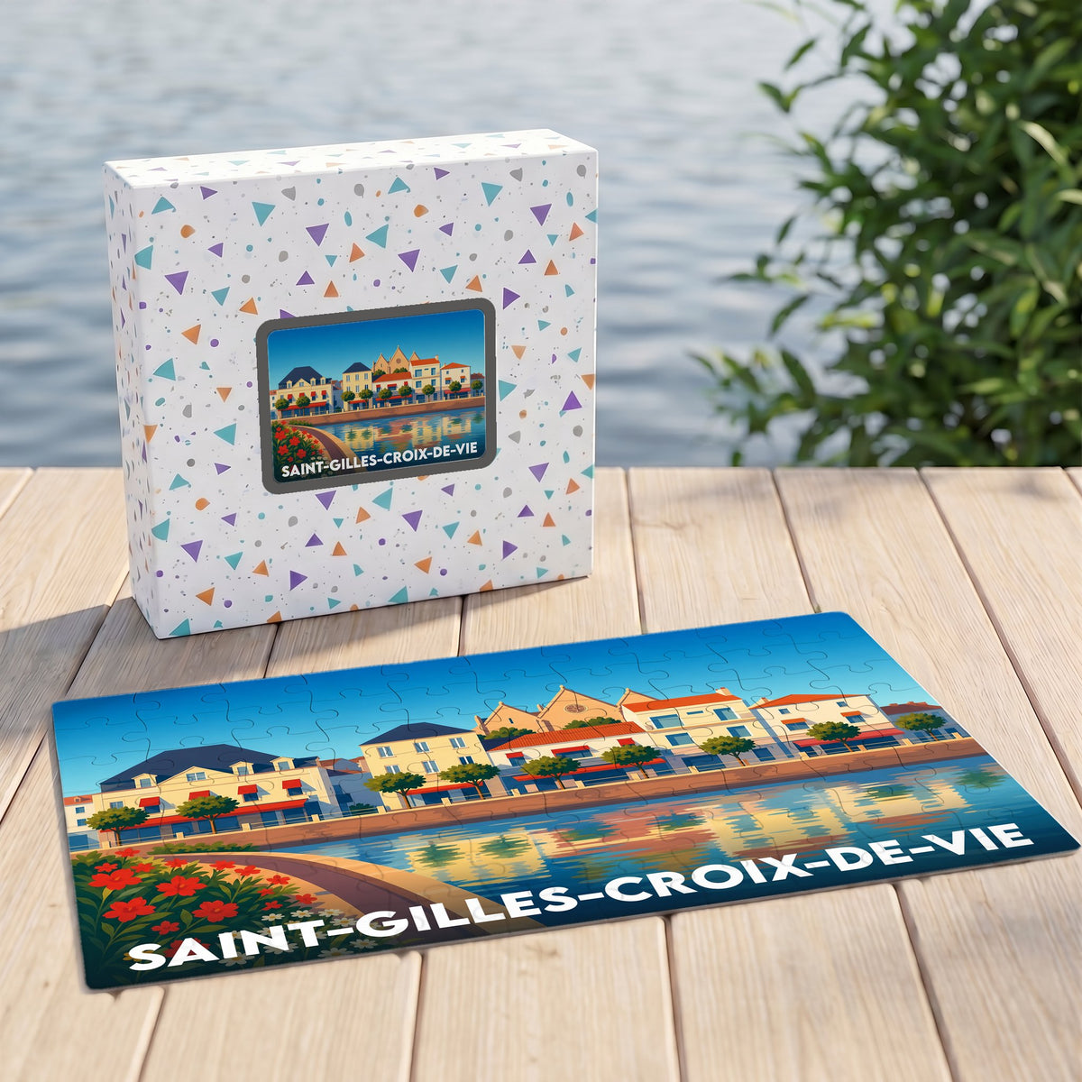 Puzzle souvenir de la ville de Saint-Gilles-Croix-de-Vie avec une illustration colorée de ses quais.