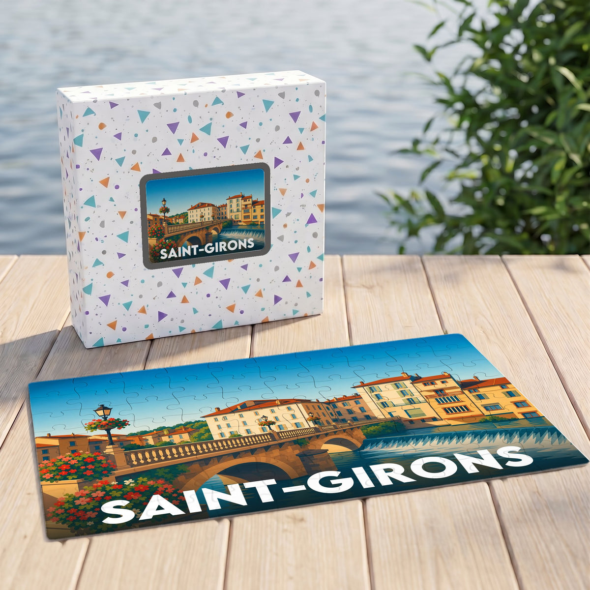 Puzzle souvenir de la ville de Saint-Girons avec une illustration stylisée de son pont et de ses façades colorées.