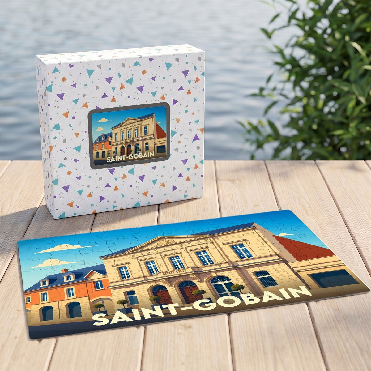 Puzzle souvenir de la ville de Saint-Gobain avec une illustration stylisée d'un bâtiment historique.