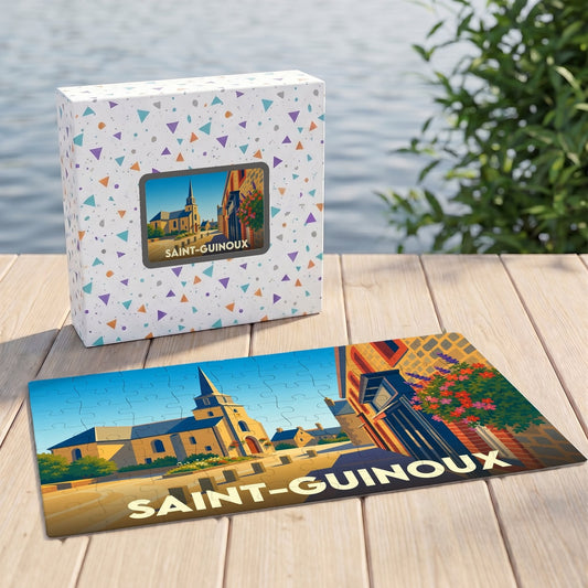 Puzzle souvenir de la ville de Saint-Guinoux avec une illustration stylisée.