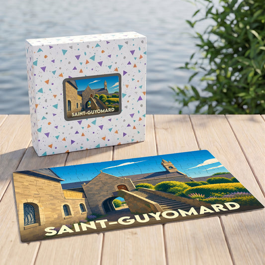 Puzzle souvenir de la ville de Saint-Guyomard avec une illustration stylisée d'un bâtiment historique en pierre.