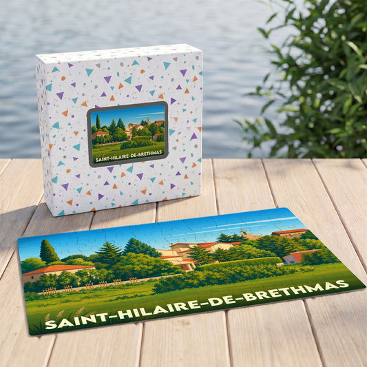 Puzzle souvenir de la ville de Saint-Hilaire-de-Brethmas avec une illustration stylisée et colorée de son paysage.
