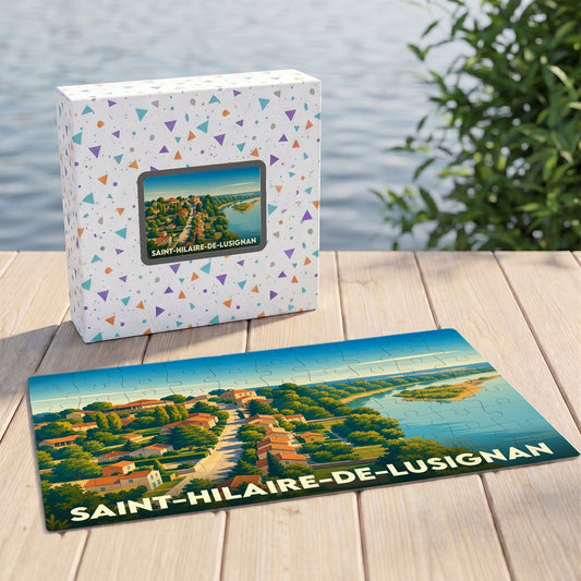 Puzzle souvenir de la ville de Saint-Hilaire-de-Lusignan avec une illustration stylisée de son paysage au bord de l'eau.
