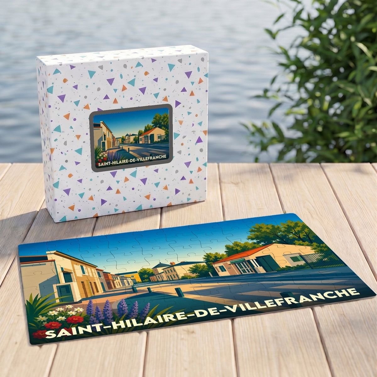 Puzzle souvenir de la ville de Saint-Hilaire-de-Villefranche avec une illustration stylisée de ses rues.