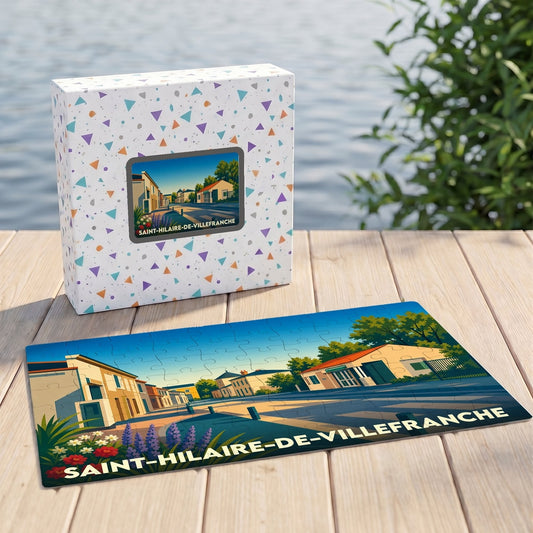 Puzzle souvenir de la ville de Saint-Hilaire-de-Villefranche avec une illustration stylisée de ses rues.