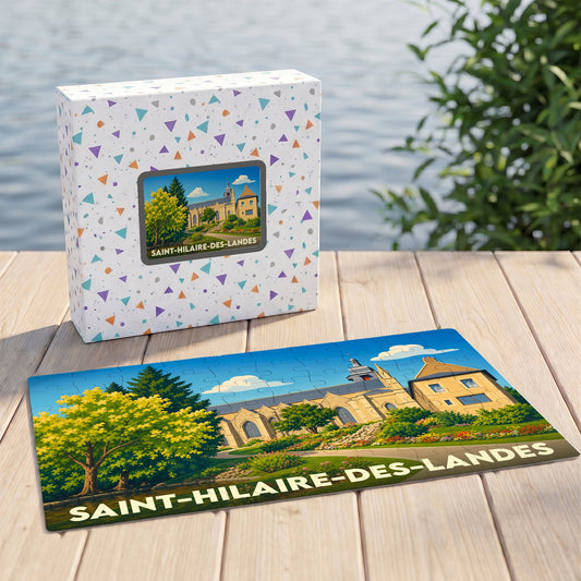 Puzzle souvenir de la ville de Saint-Hilaire-des-Landes avec une illustration stylisée de son église et de ses jardins.