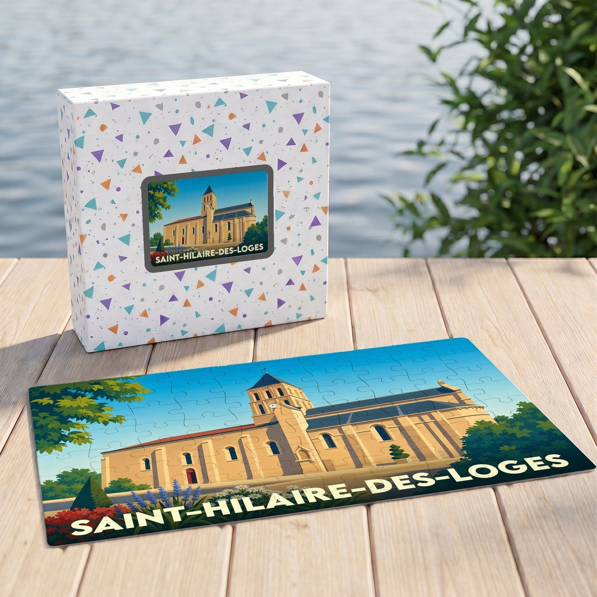 Puzzle souvenir de la ville de Saint-Hilaire-des-Loges représentant son église dans un style illustré.