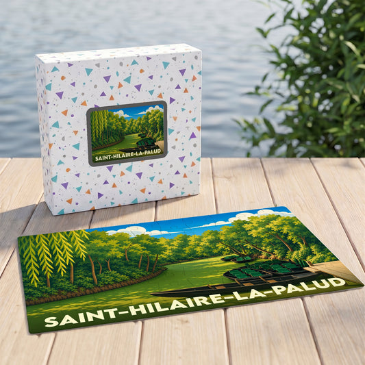 Puzzle souvenir de la ville de Saint-Hilaire-la-Palud illustrant une promenade en barque dans le Marais poitevin.
