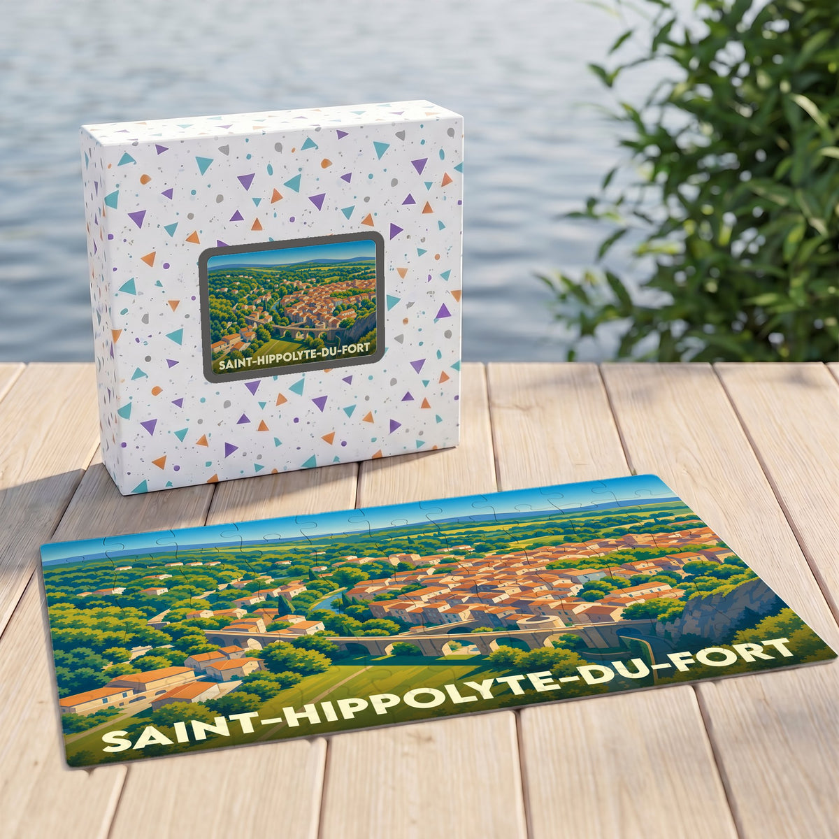 Puzzle souvenir de la ville de Saint-Hippolyte-du-Fort avec une illustration paysagère stylisée.