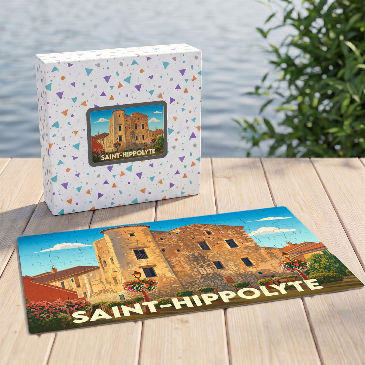 Puzzle souvenir de la ville de Saint-Hippolyte représentant son château dans un style illustré.