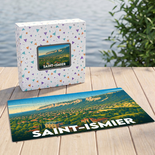 Puzzle souvenir de la ville de Saint-Ismier avec une illustration stylisée de son paysage montagneux.