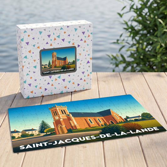 Puzzle souvenir de la ville de Saint-Jacques-de-la-Lande avec une illustration stylisée de son église.