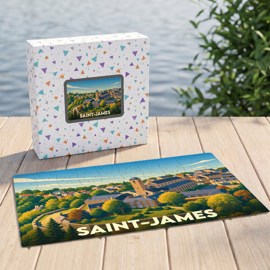 Puzzle souvenir de la ville de Saint-James avec une illustration paysagère colorée.