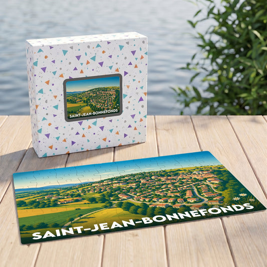 Puzzle souvenir de la ville de Saint-Jean-Bonnefonds avec une illustration stylisée de son paysage urbain et de ses collines.